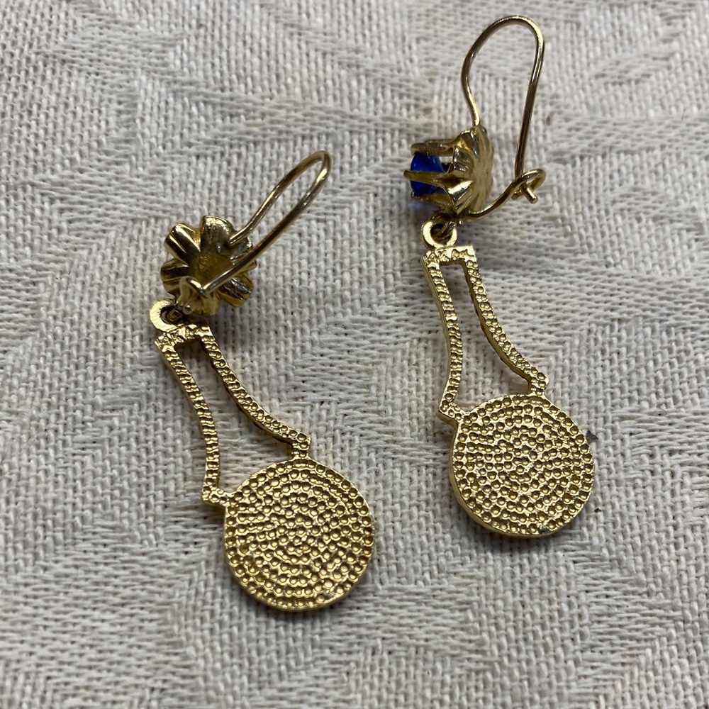 Elegant Earrings Gold Dangle Earrings with Royal Blue Stone - Picture 4 of 5